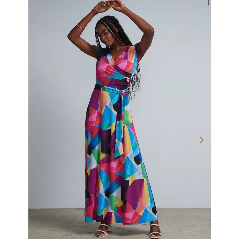 NY&C Geometric Print V-Neck Waist-Tie Maxi Dress NEW Size 1X